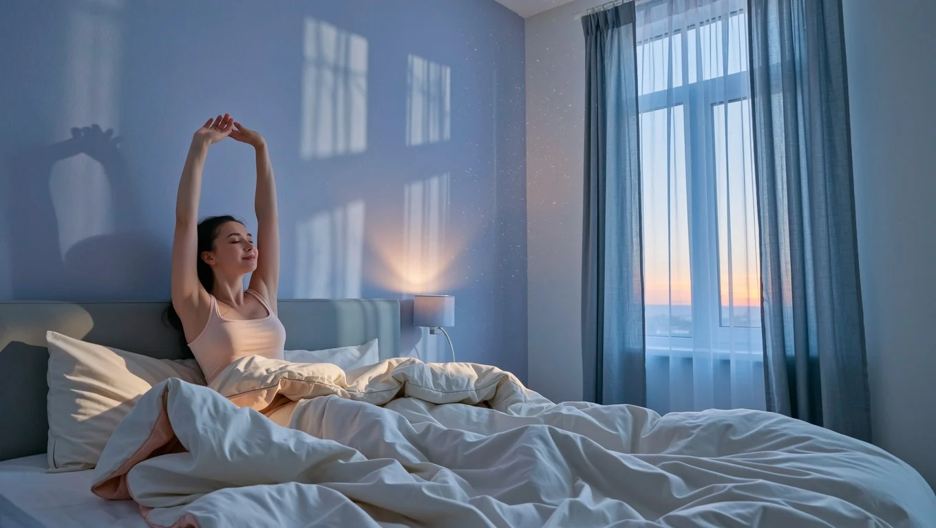 A calm morning scene with a person stretching gently by an open window with soft natural light