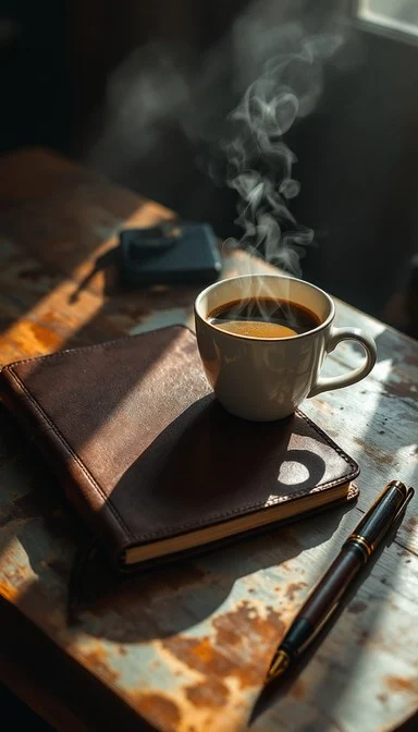 Open journal and cup of tea on a wooden desk representing a morning self-check routine